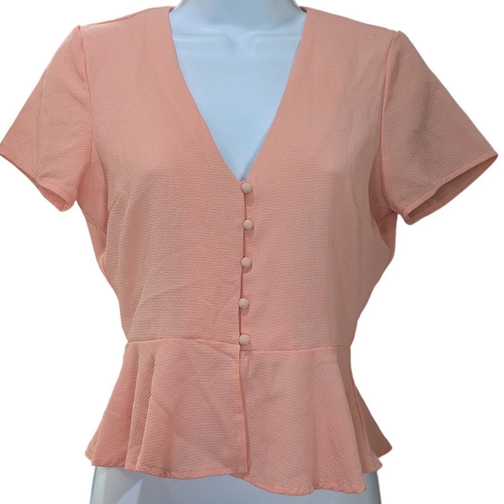 Missguided Petite Peach Pink Peplum Button‎ Front V-Neck Blouse US 4
